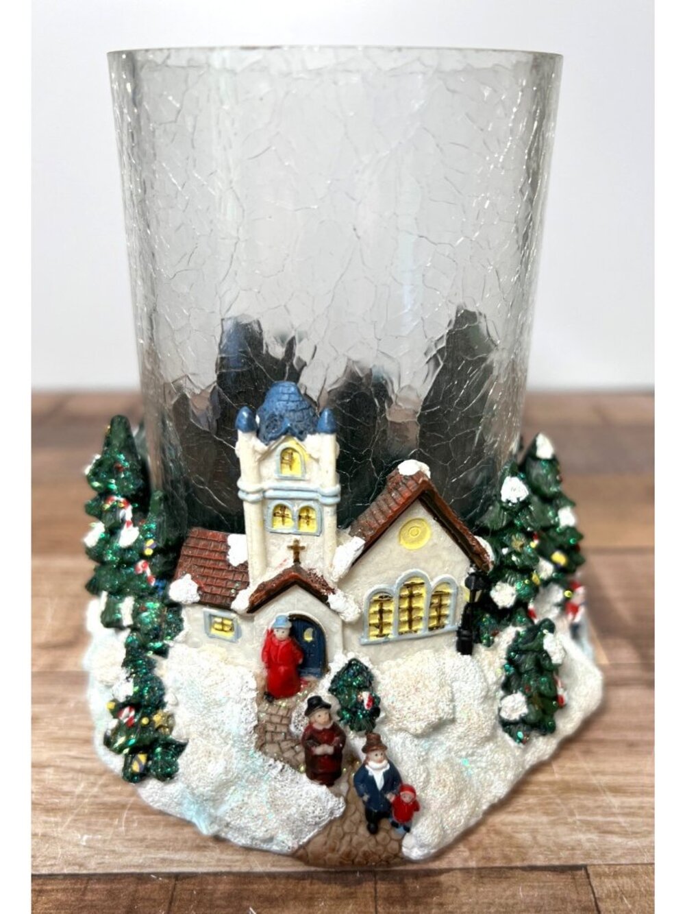 Christmas Winter Village Scene Candle Holder Glass Crackle Finish Decor